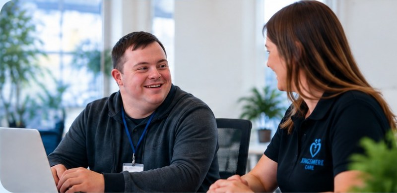 Employment support adviser talking with a person at a laptop